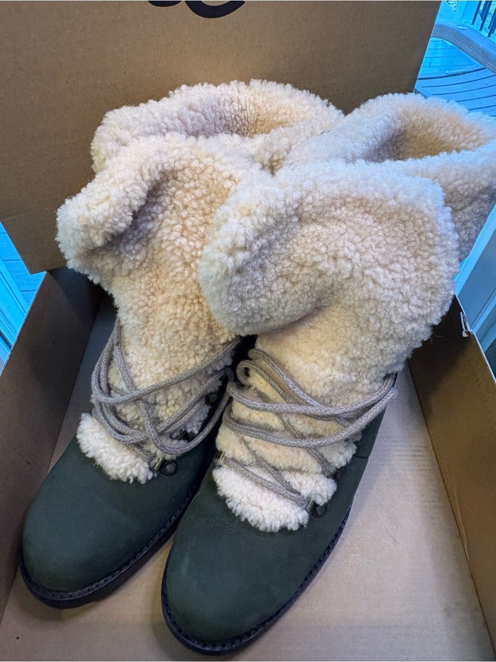 UGG Shearling-Lined Lace-Up Winter Boots - Cream & Olive Green
